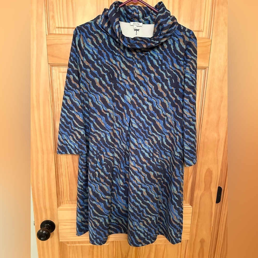Tyler Boe Blue and Brown Wave-Print Cowl Neck Dress